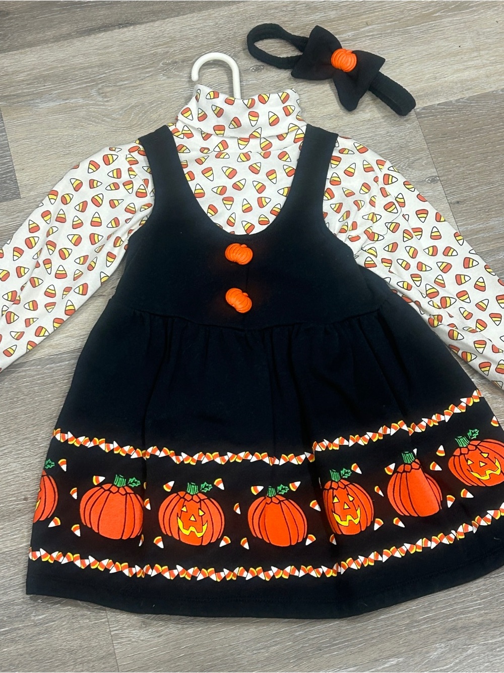 Vintage 90s Playclothes Halloween Candy Corn Pumpkin Pinafore Dress Set 3T USA